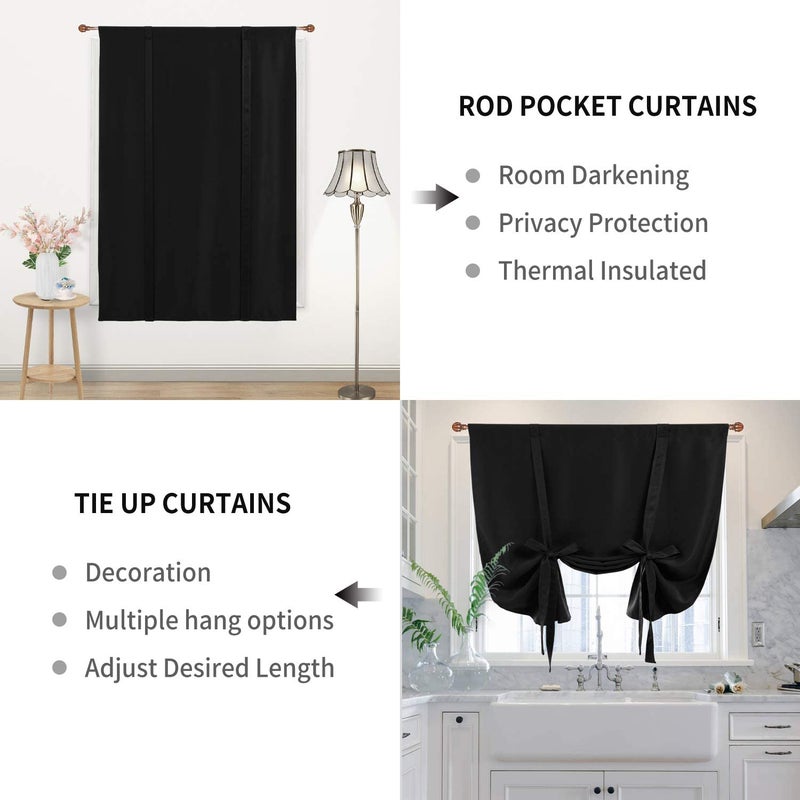 DWCN Tie Up Curtain-Thermal Insulated Room Darkening Blackout Curtains for Livingroom, Bedroom and Dining Room, Black, W42 X L45 Inches, 1 Rod Pocket Panel - Image 3